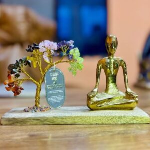 Decorative, gemstone yoga figure garden tree with natural crystals
