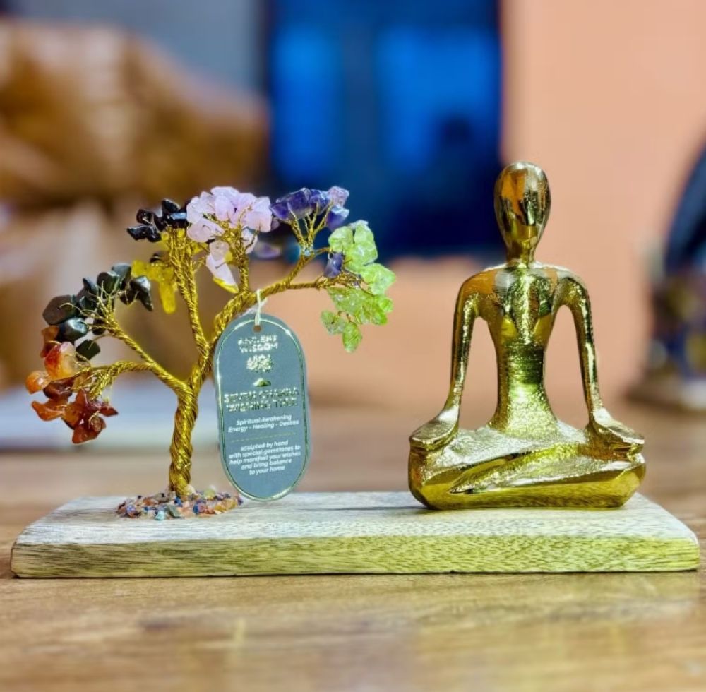 Decorative, gemstone yoga figure garden tree with natural crystals
