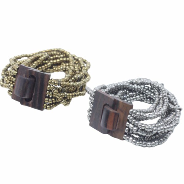 Multi-Bead Bangle Wooden Clasp - Assorted Gold/Bronze - Image 2