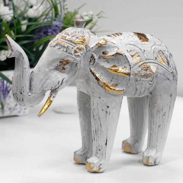 Wood Carved Elephant - White Gold - Image 2