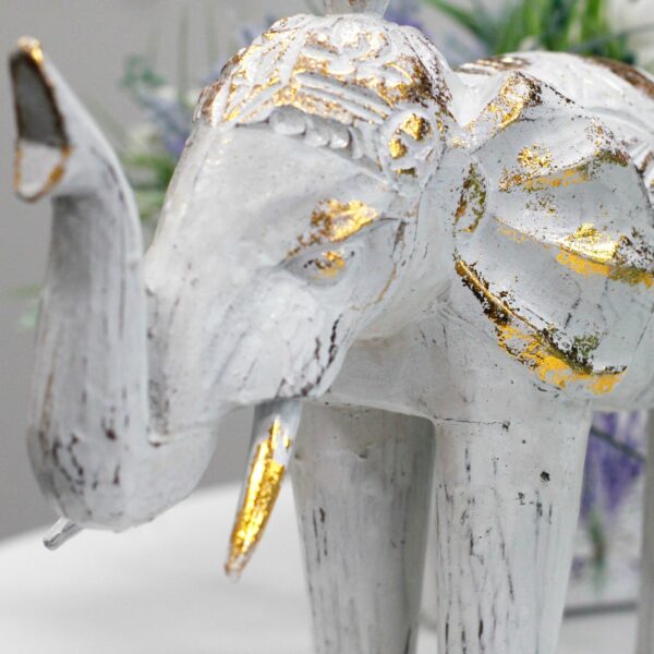 Wood Carved Elephant - White Gold - Image 3
