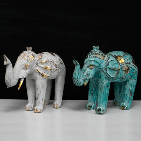 Wood Carved Elephant - Turquoise Gold - Image 2