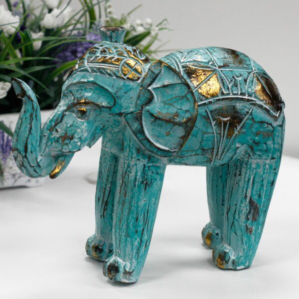 Wood Carved Elephant - Turquoise Gold - Image 5