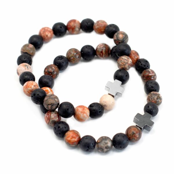 Set of 2 Gemstones Friendship Bracelets - Eternity - Leopard Skin Jasper & Lava Stone - Image 4