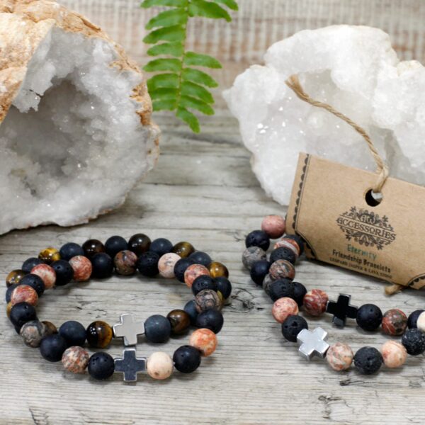 Set of 2 Gemstones Friendship Bracelets - Eternity - Leopard Skin Jasper & Lava Stone - Image 6