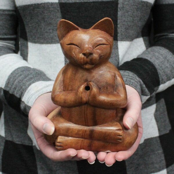 Wooden Carved Incense Burners - Lrg Yoga Cat - Image 2