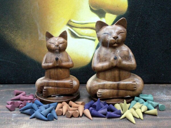 Wooden Carved Incense Burners - Lrg Yoga Cat - Image 4