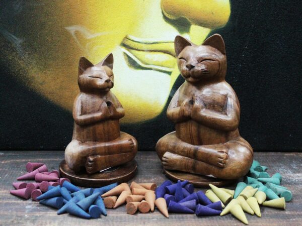Wooden Carved Incense Burners - Med Yoga Cat - Image 2