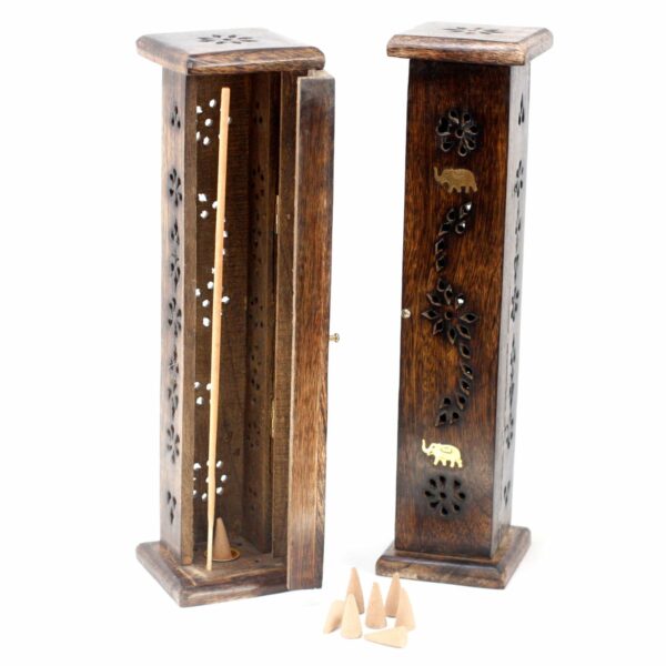 Square Incense Tower - Brass inlay - Mango Wood - Image 2