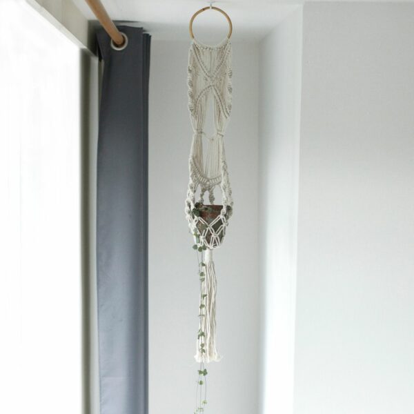 Macrame Pot Holder - Long With Ratten Hoop - Image 4