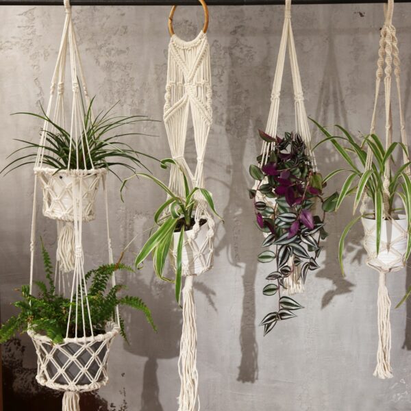 Macrame Pot Holder - Long With Ratten Hoop - Image 8