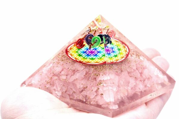 Orgonite Pyramid -  Rose Quartz Rainbow Flower of Life - 70 mm - Image 2