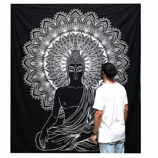 B&W Double Cotton Bedspread + Wall Hanging - Buddha - Image 2