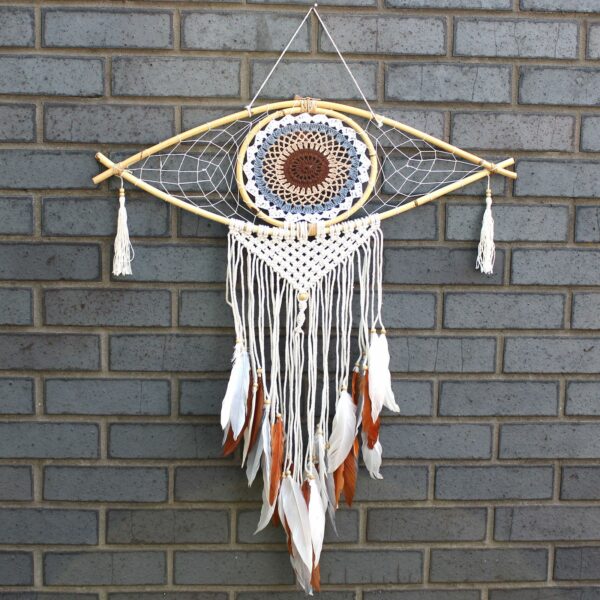 Protection Dream Catcher - Lrg Macrame Evil Eye White/ Grey/Brown - Image 2