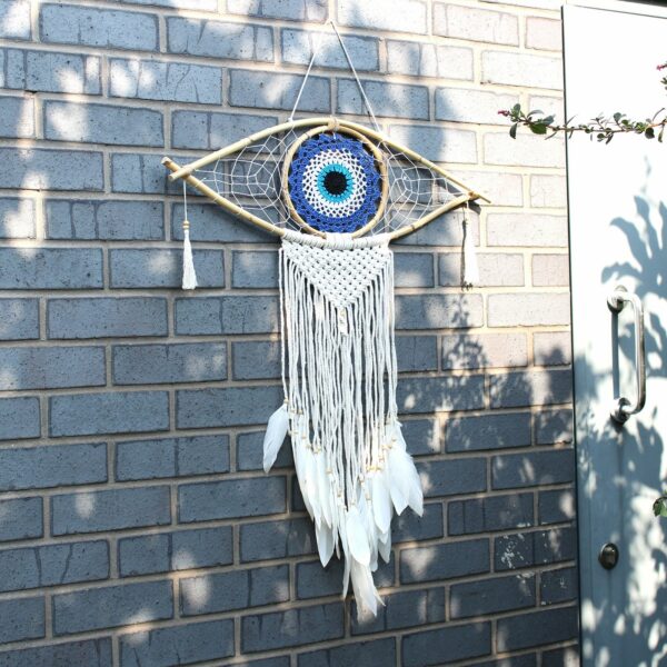 Protection Dream Catcher - Lrg Macrame Evil Eye White/ Grey/Brown - Image 4