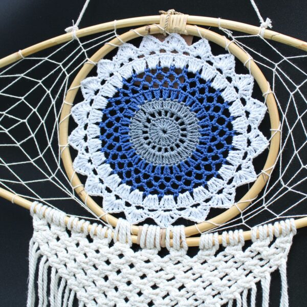 Protection Dream Catcher  - Lrg Macrame Evil Eye White/ Blue/Grey - Image 2