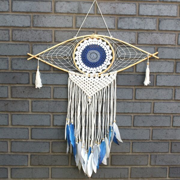 Protection Dream Catcher  - Lrg Macrame Evil Eye White/ Blue/Grey - Image 3