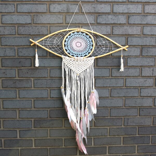 Protection Dream Catcher - Lrg Macrame Eye Blue/ White/Pink - Image 3