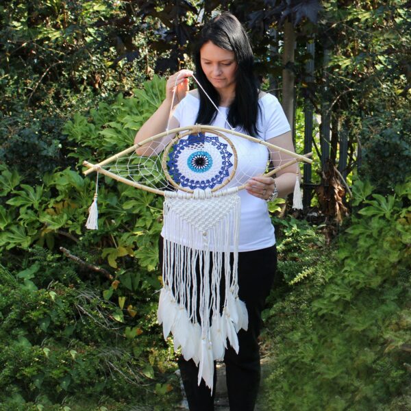 Protection Dream Catcher - Lrg Macrame Evil Eye Blue/White/Black - Image 2