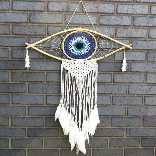 Protection Dream Catcher - Lrg Macrame Evil Eye Blue/White/Black - Image 3