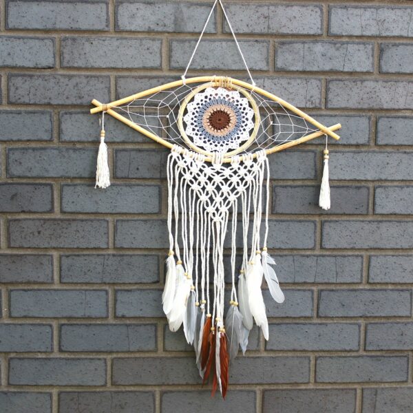 Protection Dream Catcher - Med Macrame Evil Eye White/ Grey/Brown - Image 2
