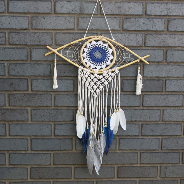 Protection Dream Catcher - Med Macrame Evil Eye White/ Blue/Grey - Image 3