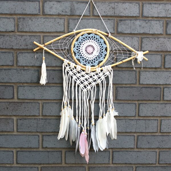 Protection Dream Catcher - Med Macrame Evil Eye Blue/White/Pink - Image 3
