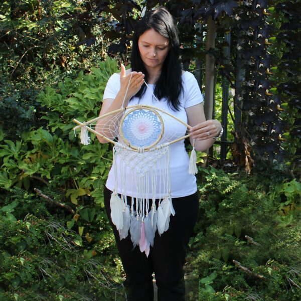 Protection Dream Catcher - Med Macrame Evil Eye Blue/White/Black - Image 2