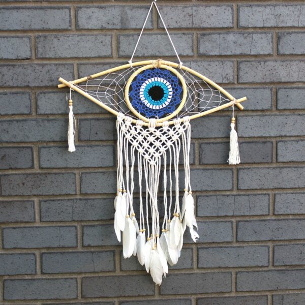Protection Dream Catcher - Med Macrame Evil Eye Blue/White/Black - Image 3