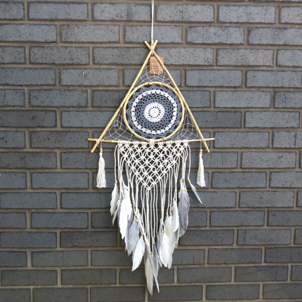 Protection Dream Catcher - Lrg Macrame Pyramid White/Grey - Image 2