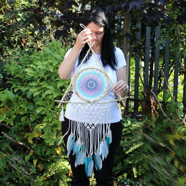 Protection Dream Catcher - Lrg Macrame Pyramid White/Turquoise - Image 2