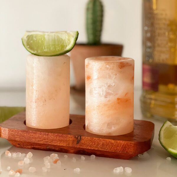 Set of 2 Himalayan Salt Shot Glasses & Wood Serving Stand - Image 5