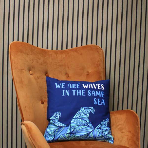 Printed Cotton Cushion Cover - We are Waves - Grey, Blue and Natural - Image 4