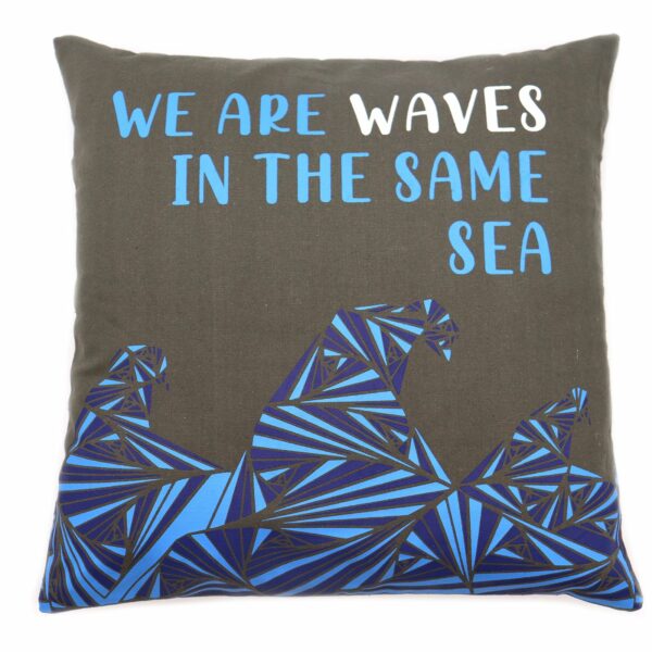 Printed Cotton Cushion Cover - We are Waves - Grey, Blue and Natural - Image 5