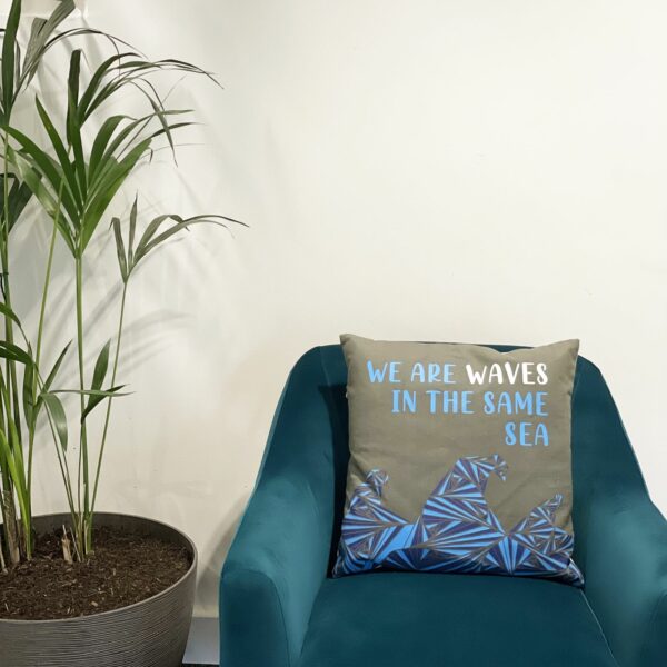 Printed Cotton Cushion Cover - We are Waves - Grey, Blue and Natural - Image 9