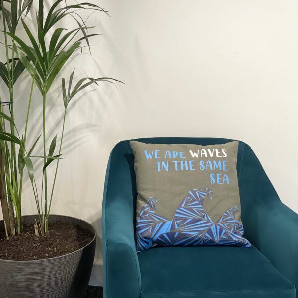 Printed Cotton Cushion Cover - We are Waves - Grey, Blue and Natural - Image 10