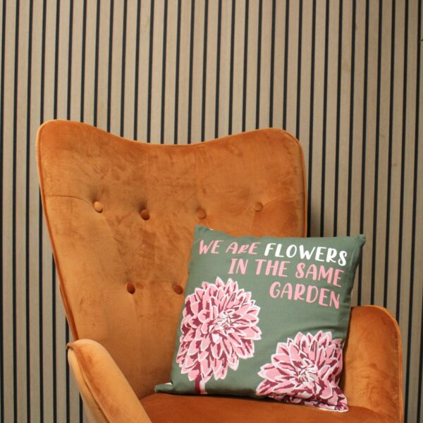 Printed Cotton Cushion Cover - We are Flowers - Olive, Pink and Natural - Image 3