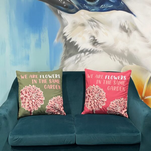 Printed Cotton Cushion Cover - We are Flowers - Olive, Pink and Natural - Image 10