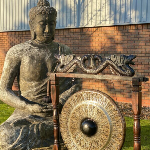 Large Gong in Brown Antique Stand - 80cm - Black - pattern - Image 3