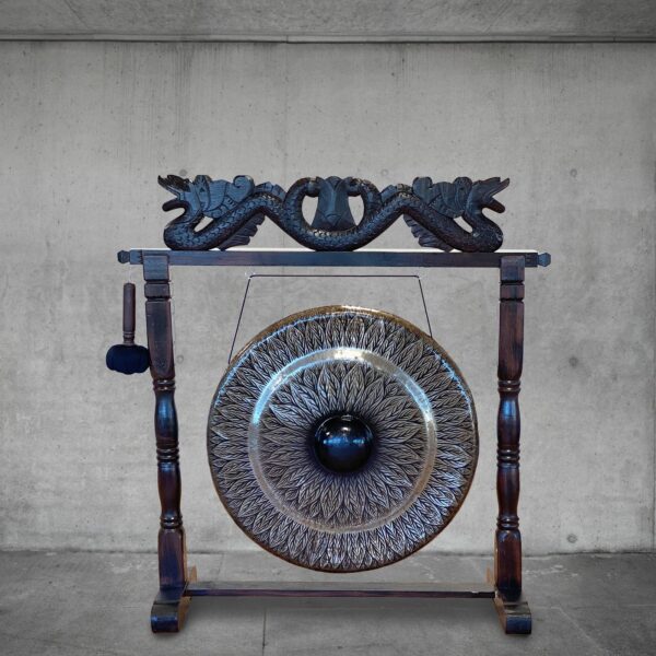 Large Gong in Brown Antique Stand - 80cm - Black - pattern - Image 4
