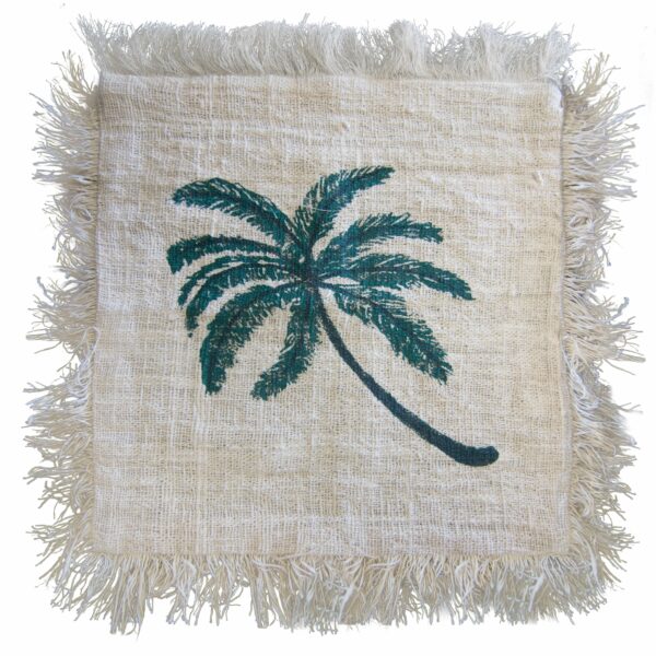 Linen Cushion Cover 45x45cm Palm Tree  with Fringe - Image 2