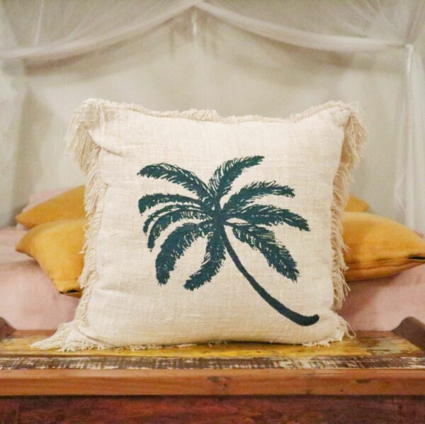 Linen Cushion Cover 60x60cm Palm Tree  with Fringe - Image 3