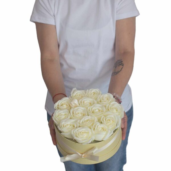 Soap Flower Gift Bouquet - 13 Cream Roses - Heart - Image 6