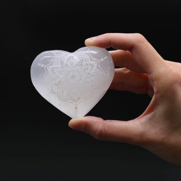 Selenite Heart - 7-8cm - Mandala Engraved - Image 3