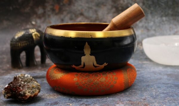 Lrg Buddha Singing Bowl Set- Black/Orange 14cm - Image 6