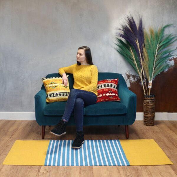 Indian Cotton Rug - 70x170cm - Yellow/ Blue - Image 5
