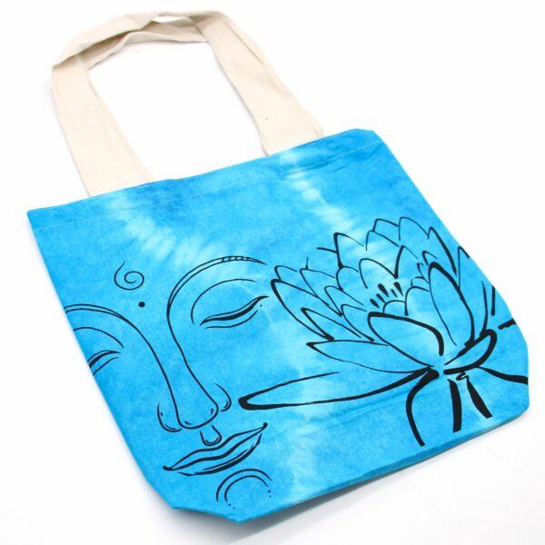 Tye-Dye Cotton Bag (6oz) - 38x42x12cm - Lotus Buddha - Blue - Natural Handle - Image 4