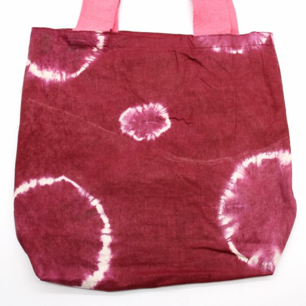 Natural Tye-Dye Cotton Bag (8oz) - 38x42x12cm - Maroon Rings - Pink Handle - Image 3