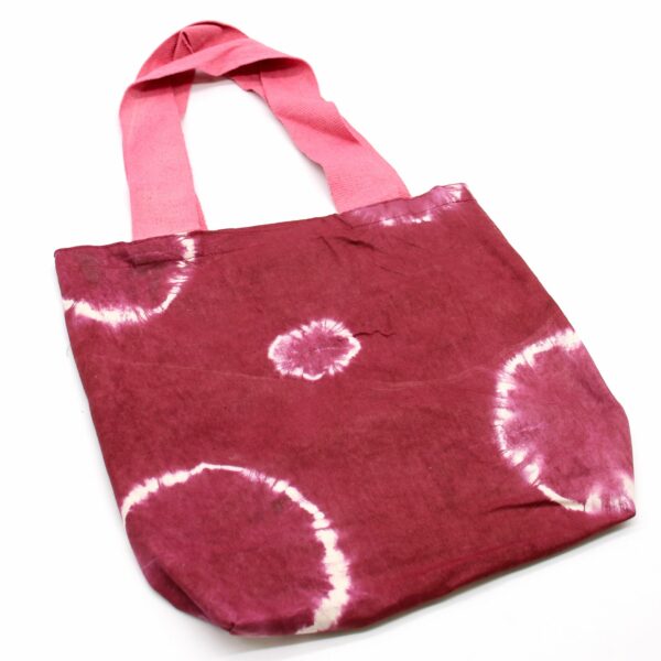 Natural Tye-Dye Cotton Bag (8oz) - 38x42x12cm - Maroon Rings - Pink Handle - Image 4