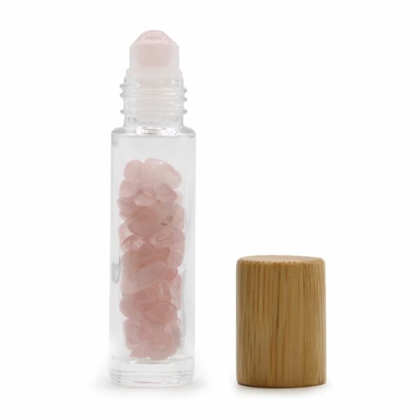 Gemstone Essential Oil Roller Bottle - Rose Quartz  - Wooden Cap - Image 3